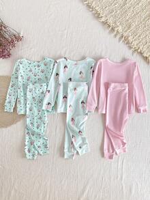 SHEIN Vintaside Kids 6pcs/Set Baby Girls' Snug Fit Pajama Sets,Pink And Blue,Autumn,Cute,Lounge Floral Print Long Sleeve 3 Sets Of Homewear Outfits Tight Fit Pajama,Soft - Multicolor - View 2