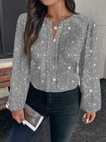 EMERY ROSE 大码女式亮面V领长袖优雅衬衫 - 彩色 - 查看 6