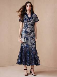 Arave 女士梭织亮片刺绣落肩收腰连衣裙，优雅女装 - 寶藍色 - 查看 3