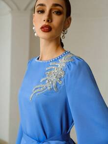 ZEYLAH 女士优雅宴会水钻仿珍珠装饰网纱喇叭袖上衣配腰带和喇叭裤两件套 - 藍色 - 查看 5