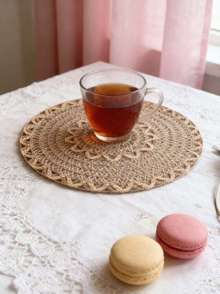 12pcs American Country Style Linen Woven Placemat, Round Plate Mat, Table Decoration Shop, Family Gathering Table Decoration - Khaki - View 1