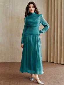 Anewsta Nuevo vestido elegante con cuello fruncido y manga larga para mujeres, adecuado para otoño, invierno, primavera, Año Nuevo, fiesta, boda, elegante, chic, con estilo, Navidad, salir - Turquesa - Ver 4