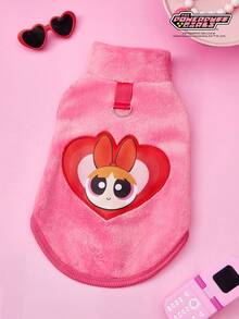 THE POWERPUFF GIRLS X PETSIN 1件绣花大眼女孩爱宠物猫狗通用保暖舒适无袖外套，配玫瑰红牵引扣，秋冬加厚绒毛外套