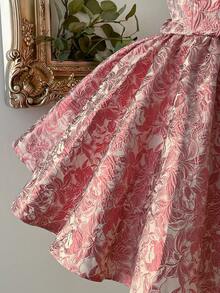 Lovelzi 优雅、浪漫、性感金色提花圆领露背系带腰身正式礼服 - 藕粉色 - 查看 8