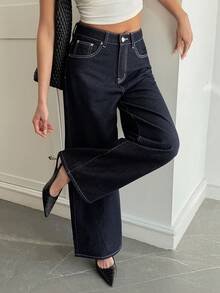 Livesso Quần jean denim dáng rộng thoải mái dành cho nữ, thích hợp cho mùa đông. - Rửa tối - Xem 4