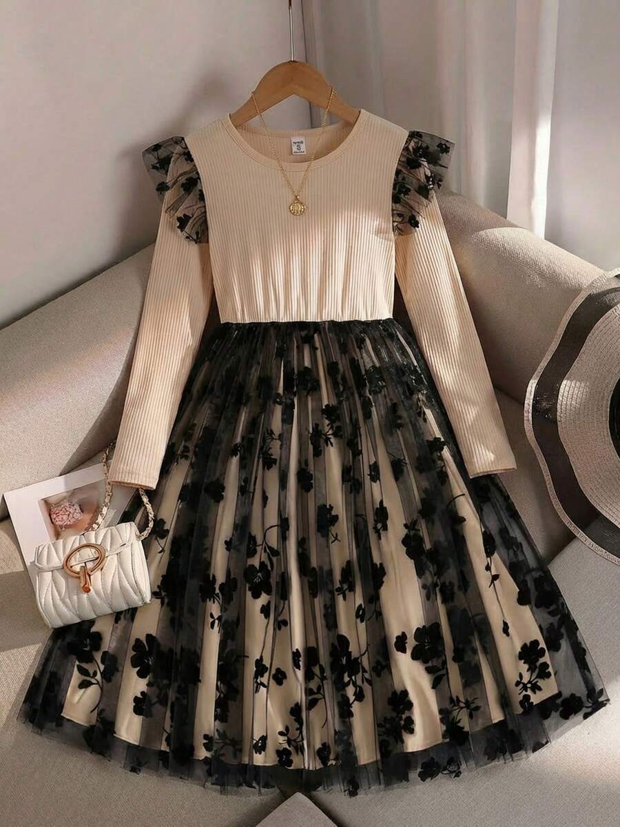 Váy lưới tay lửng họa tiết hoa thanh lịch, nữ tính cho bé gái - Nhiều màu - Xem 1