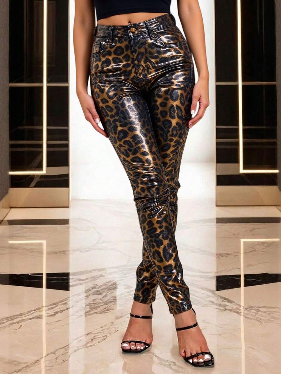 Jeans skinny mujer estampado de leopardo efecto vinil metálico tiro alto ajustado cinco bolsillos juvenil moderno ideal fiestas salidas outfits impactantes, Jeans ajustados efecto brillante con estampado animal print moderno, estilo atrevido y elegante para outfit de fiesta o streetwear - Marron GMY5956A - Ver 1