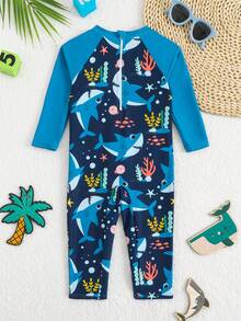 Baby Jungen süßer Krebs Cartoon Unterwasserwelt Reißverschluss Einteiler Rashguard Badeanzug - Blau - Übersicht 3