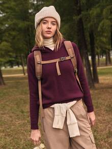 SHEIN In My Nature Women's Solid Color Regular Fit Raglan Sleeve Hooded Sweater - Coffee Brown - View 7