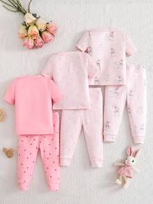 6pcs Girls Rabbit & Heart Pattern Knit Short Sleeve Snug Fit Pajama Set - Multicolor - View 2
