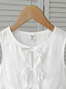 SHEIN Tween Girls' Casual Everyday Vacation Textured Bow Front Crop Top - White - View 4