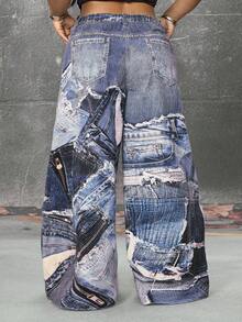 ROMWE EDITION Quần jeans ống rộng in họa tiết denim thời trang cỡ lớn - Màu xanh lam - Xem 3