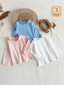 SHEIN 3pcs Baby Girls Cute Bow Ruffle Hem Candy Color Long Sleeve Top Set - Multicolor - View 7