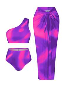 Swim Oasis 大码女士高端绿洲三件套：黄色渐变印花单肩褶皱高腰裤套装，搭配渐变印花网纱半身裙，夏季海滩度假风 - 彩色 - 查看 3