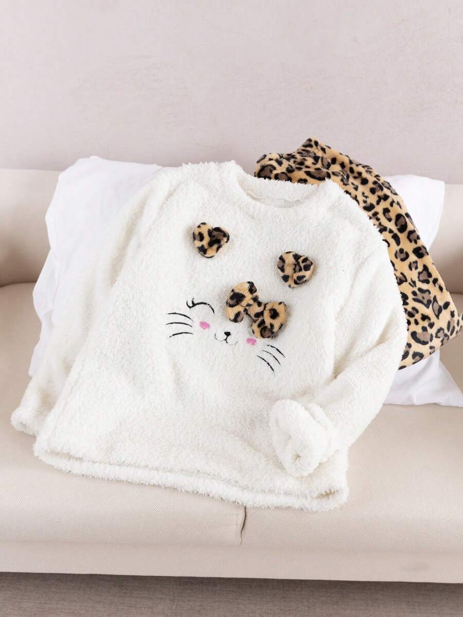 女童珊瑚绒睡衣，卡通可爱猫咪印花，长袖，厚实舒适，适合学生、居家穿着或外穿，秋冬季款 - 白色 - 查看 1