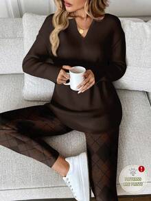 SHEIN LUNE Casual Women's Retro Plaid V-Neck Brown Long Sleeve T-Shirt And Tight Leggings 2 Pieces Set, Autumn/Winter Brown Two Piece Set Women Coffee Brown Set - Multicolor - View 1