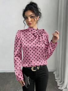 Rafferiza Áo cánh tay bồng cổ bẻ in họa tiết chấm bi thanh lịch dành cho nữ - Màu tím - Xem 7