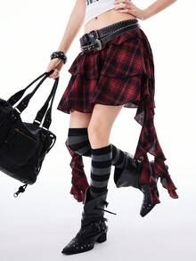 Bloopia Women's Plaid Print Ruffle Hem Retro Skirt - Red - View 6