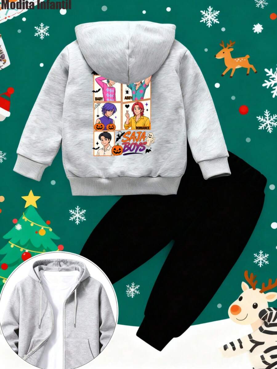 KID010-1|Navidad|2 piezas Chaquetas y pantalones para niños|Conjunto de ropa infantil con capucha gris con el estampado "Paris France Paris" y pantalones negros, perfecto para los fiestas navideñas - Gris - Ver 1