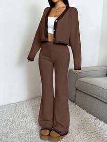 EURMUSE 2 pezzi Set di maglione e pantaloni in maglia con scollo a V, bottoni anteriori e maniche lunghe, con dettagli a contrasto - Castano - Visualizzare 5