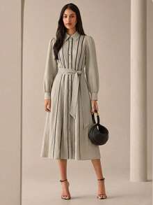 Lilora 女士优雅无袖系带花卉刺绣衬衫，适合休闲、办公、派对等场合穿着，都市风格，女士休闲通勤衬衫裙，都市休闲，浪漫优雅，外出穿着 - 卡其色 - 查看 3