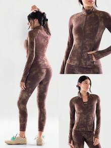 GLOWMODE Áo khoác dài tay FeatherFit™ Slim-It Streamline Performance với túi khóa kéo an toàn, thích hợp cho yoga và mặc hàng ngày, phù hợp cho mùa xuân và hè. - Màu nâu Sô-cô-la - Xem 8