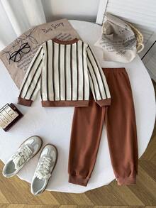 2pcs/Set Young BoyBaseball Collar Waffle Stripe Dinosaur Embroidery Top And Elastic Cuff Pants Casual Street Outfit, Autumn/Winter - Brown - View 2