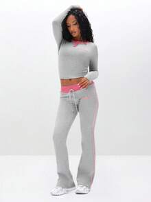 BABYPHAT Quần legging dệt kim gân với viền hồng tương phản, mang đến phong cách thoải mái thường ngày. - Xám - Xem 5