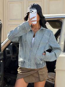 Muchica Women's Autumn/Winter Basic Casual Zipper Denim Jacket, With Pockets, Long Sleeves, Autumn Style - Blue - View 3