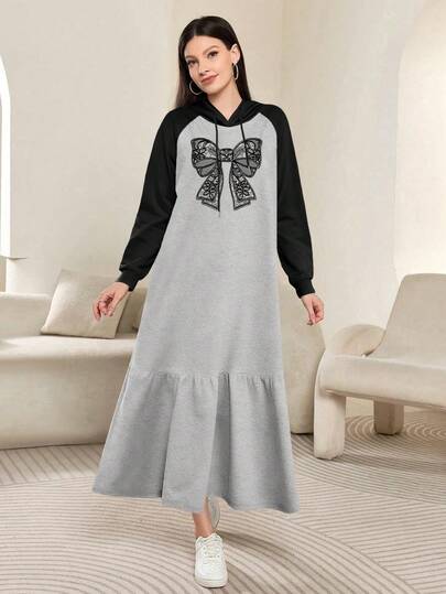 Modelyn Black Lace Bow Print Fashionable Hooded Raglan Long Sleeve Women's Maxi Dress, Spring/Autumn