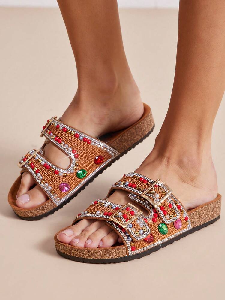 SHUZIA Sandalias deslizantes de corcho con tacón de mujer, con adornos de strass y gemas, hebilla doble, veganas, de ante tostado - Brillantes, audaces y cómodamente elegantes. Día de San Valentín - Granate - Añade 5