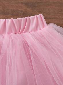 SHEIN 2pcs/Set Baby Girls Collared Puff Sleeve Heart Print Short Sleeve Blouse + Elastic Waist Mesh Tutu Skirt Cute Casual Outfit, Suitable For Spring/Summer Daily Outings Or Travel Skirt فستان دانتيل - Pink - View 5