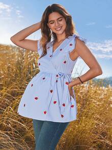 Boho Mama Spring Women Maternity Summer Casual Striped Strawberry Print Tie-Front Nursing Top - Blue - View 4