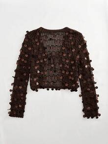 Travachic Handmade Beaded Hollow-Out Knitted Casual Cardigan Sweater, Christmas Party, Elegant New Year's Eve, Casual Going Out - Coffee Brown - View 2