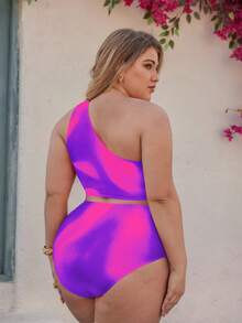 Swim Oasis 大码女士高端绿洲三件套：黄色渐变印花单肩褶皱高腰裤套装，搭配渐变印花网纱半身裙，夏季海滩度假风 - 彩色 - 查看 7