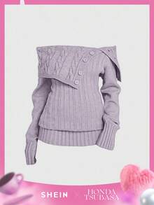 ROMWE Y2K风格露肩罗纹针织毛衣，腰部收紧 - 淡紫色 - 查看 9