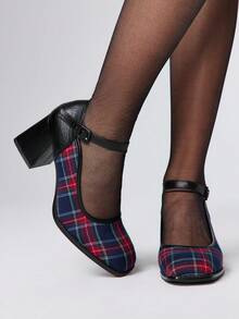 ROMWE Kawaii 女士时尚百搭通勤优雅格纹高跟鞋 - 黑色 - 查看 1