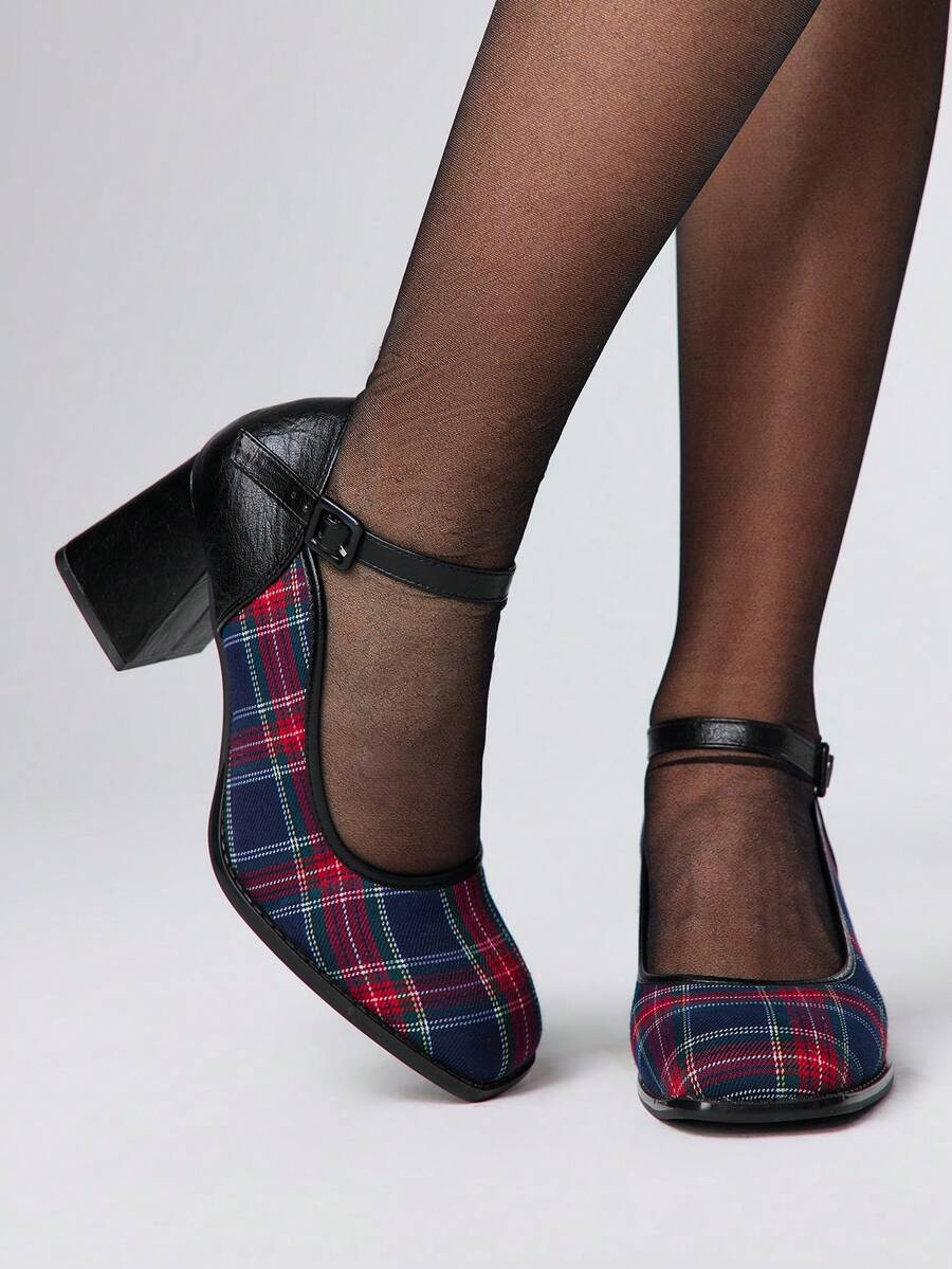 ROMWE Kawaii 女士时尚百搭通勤优雅格纹高跟鞋 - 黑色 - 查看 1