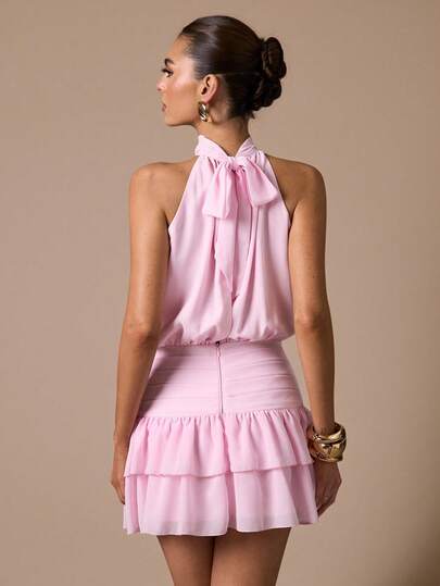 SHEIN BAE Sleeveless Ruffle Hem Solid Color Mini Sundress, Elegant Sweet Cute Fit Dress, Suitable For Romantic Dates, Parties, Formal Gatherings, Bridesmaid Dresses, Summer Dresses, Tea Party Dresses, New Year, Valentine's Day, Birthday Mini Dress, Pink Dress