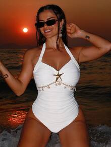 Swim SXY 女士白色海星装饰露背吊带性感沙滩泳衣，适合海滩度假 - 白色 - 查看 3