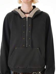 Bloopia 女士Y2K休闲日常通勤时尚哥特风半拉链连帽抓绒卫衣，秋冬款 - 深灰色 - 查看 7