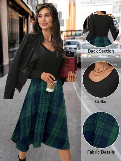 SHEIN Clasi 女士优雅红黑格子印花A字连衣裙，秋冬服装