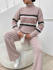 SHEIN Tall Women's Geometric Pattern High Neck Sweater 2pcs/Set, Tall Women - Dusty Pink - View 5