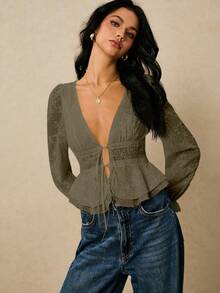 Poéselle 女士优雅性感深V领纯色花卉刺绣系带上衣 - 摩卡棕 - 查看 9