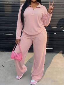 Slaydiva Novos Lançamentos de Outono e Inverno 2025, Roupas Femininas de Outono/Inverno - Conjunto de Camiseta Solta com Zíper na Frente de Manga Longa Rosa e Calça Pantalona com Bolso, Conjunto de Roupas Plus Size Feminino, Tecido Macio