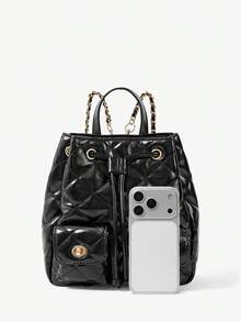 SHECARRY 女士菱形绗缝时尚双肩包，多口袋设计，适合通勤 - 黑色 - 查看 4