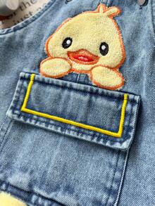 Playful Pals 1pc Baby Boys Vintage Casual Denim Overalls With Cute Duck Print, Loose Fit Bib Pants, Suitable For Spring And Autumn Seasons - Medium Wash - View 8