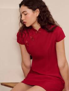 lacRébo 优雅喜庆的红色粗花呢立领迷你连衣裙，圣诞节的理想之选