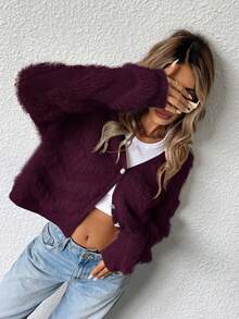 GENKIRA Áo len cardigan cổ chữ V rộng rãi, mềm mại, sang trọng kiểu Pháp - Màu tím - Xem 7