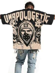 ROMWE MEN Men's Round Neck Short Sleeve Cartoon Character Print Distressed T-Shirt